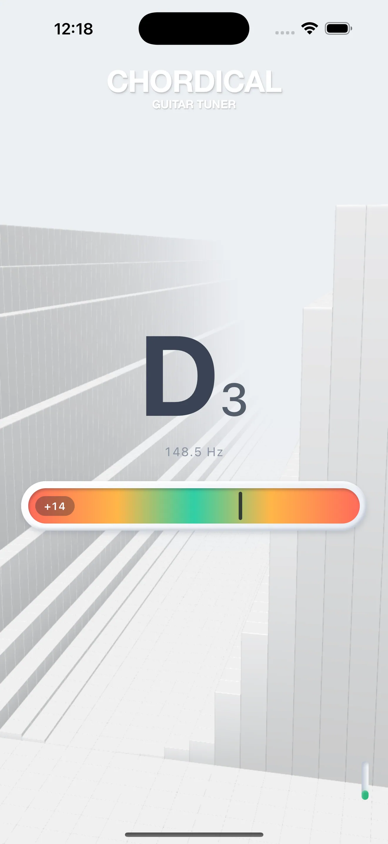 Chordical tuner showing a D note in tune